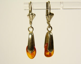 Baltic Amber Dangle Drop Earrings Brown Cognac Transparent Natural Stone 5934