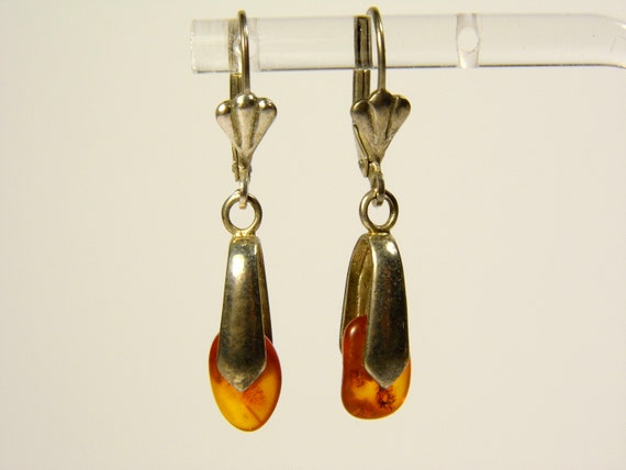 Baltic Amber Dangle Drop Earrings Brown Cognac Transparent Natural Stone 5934