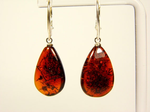 Baltic Amber Dangle Drop Earrings Brown Cognac Transparent Natural Stone 4548
