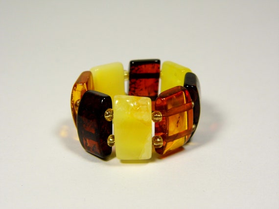 Baltic Amber Ring Size 9 Multicolor Yellow Cognac Brown Elastic Stretch 5853