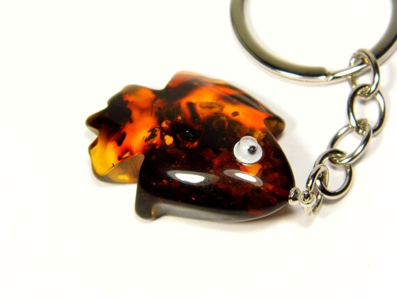 Baltic Amber Fish Keychain Keyring Pendant Brown Cognac Transparent Natural A0051