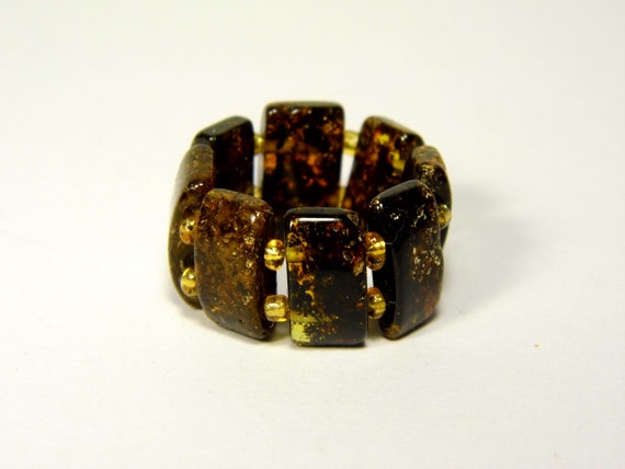 Baltic Amber Ring Size 7.5 Green Brown Black Stone Natural Elastic Stretch 5633