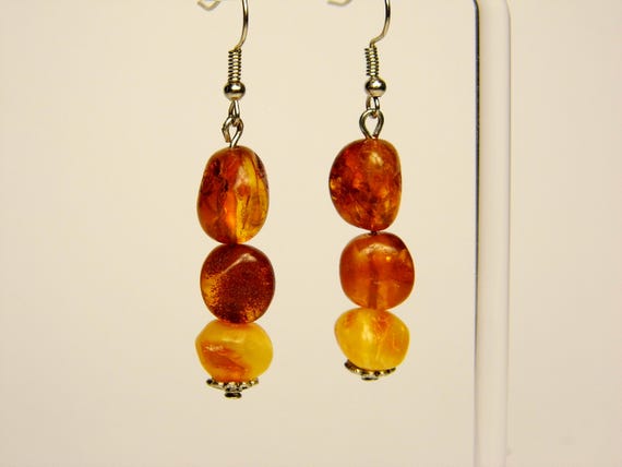 Baltic Amber Dangle Drop Earrings Brown Cognac Yellow Multicolor Natural Stone Genuine Gemstone A0255