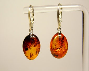 Baltic Amber Dangle Drop Earrings Brown Cognac Transparent Natural Genuine 4655