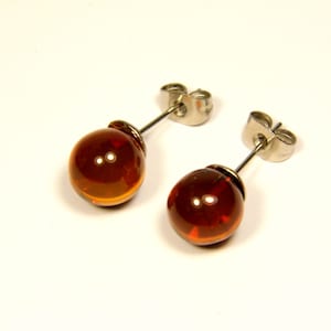Baltic Amber Stud Earrings Brown Cognac Transparent Natural Stone Genuine A0048