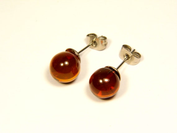 Baltic Amber Stud Earrings Brown Cognac Transparent Natural Stone Genuine A0048