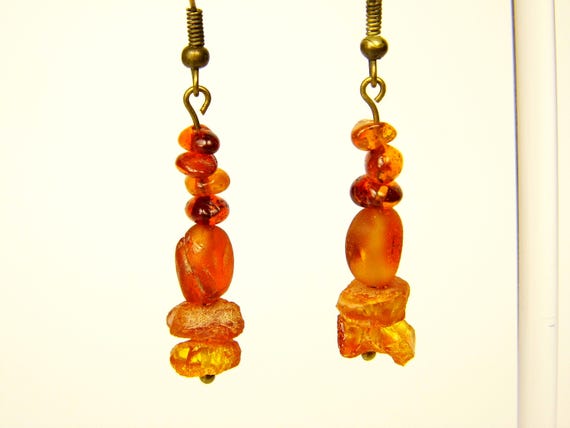 Baltic Amber Dangle Drop Earrings Brown Cognac Natural Stone Genuine A0325