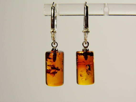 Baltic Amber Dangle Drop Earrings Brown Cognac Transparent Natural Stone 5200