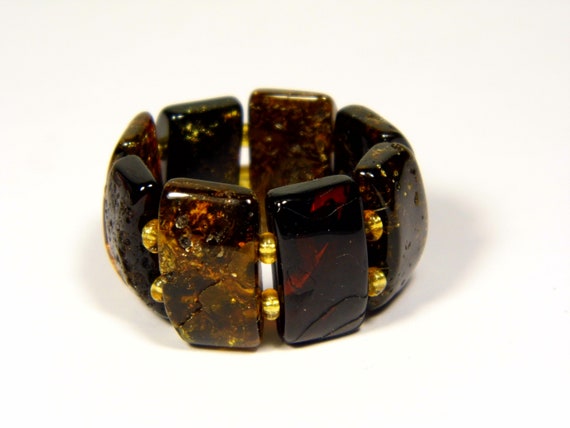 Baltic Amber Ring Size 8 Green Brown Black Women's Elastic Stretch 5390