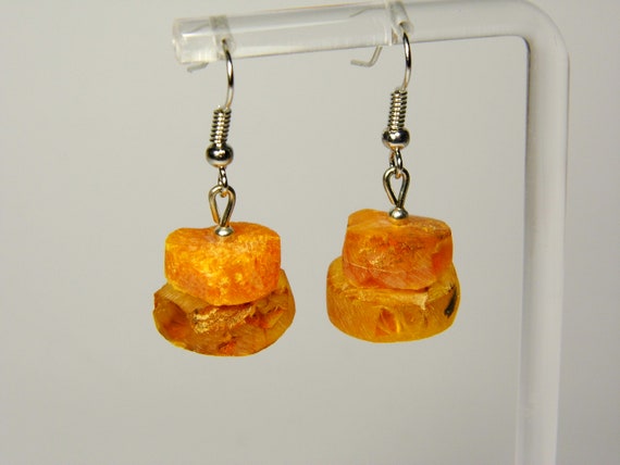 Baltic Amber Dangle Drop Earrings Unpolished Brown Cognac Natural Stone 6090