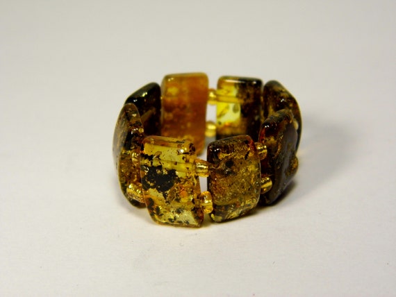 Baltic Amber Ring Size 9 Green Brown Stone Natural Elastic Stretch 5634