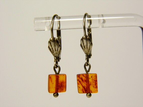 Baltic Amber Dangle Drop Square Earrings Brown Cognac Transparent Natural 5956