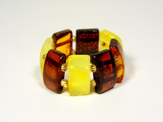 Baltic Amber Ring Size 9 Multicolor Yellow Cognac Brown Elastic Stretch 5852