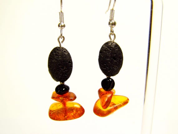 Baltic Amber and Lava Dangle Drop Earrings Brown Black Natural Stone Genuine Gemstone A0355