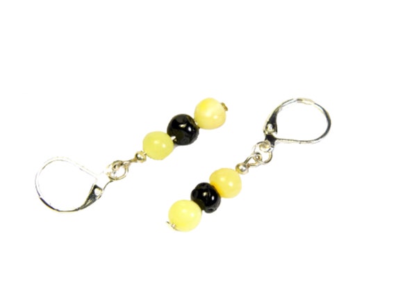 Natural Baltic Amber dangle / drop women's earrings yellow / black AP746