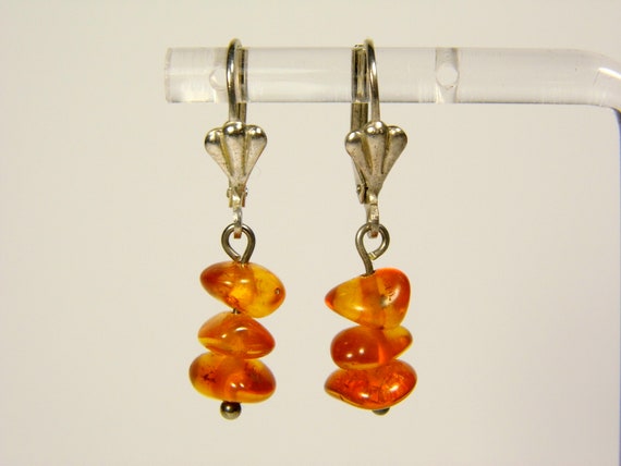 Baltic Amber Dangle Drop Earrings Brown Cognac Transparent Natural Stone 5937