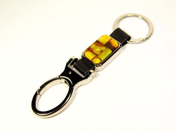 Metal Keychain Keyring Pendant With Baltic Amber Souvenir Natural Genstone A0090