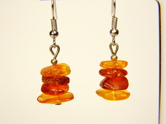 Baltic Amber Dangle Drop Earrings Brown Natural Stone Genuine Gemstone A0359