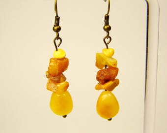 Baltic Amber Dangle Drop Earrings Yellow Brown Natural Stone Genuine Gemstone A0308