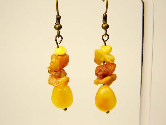 Baltic Amber Dangle Drop Earrings Yellow Brown Natural Stone Genuine Gemstone A0308