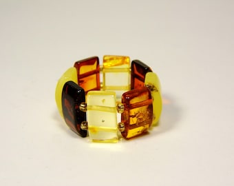 Baltic Amber Ring Size 10 Multicolor Yellow Brown Stone Elastic Stretch XA007
