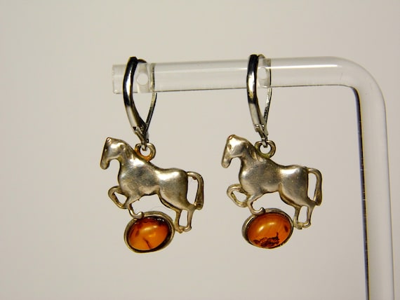 Baltic Amber Dangle Drop Horse Earrings Brown Natural Stone Genuine A0225