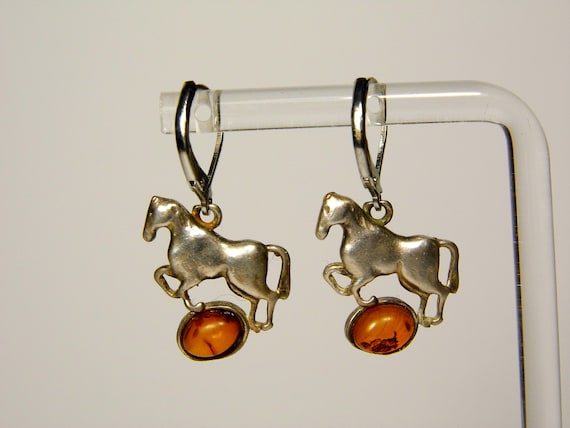 Baltic Amber Dangle Drop Horse Earrings Brown Natural Stone Genuine 5958