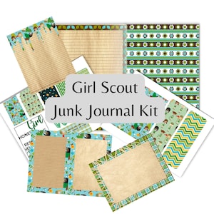 May include: A printable Girl Scout Junk Journal Kit with various paper designs, including a green and brown striped pattern, a green and blue plaid pattern, and a green and blue floral pattern. The kit also includes several pages with blank spaces for writing and drawing.