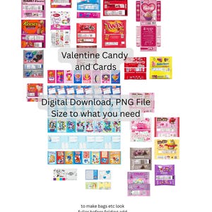 Puede incluir: Una colección de dulces y tarjetas de San Valentín, incluyendo Hershey's, Reese's, Twix y Sweethearts. La imagen también presenta plantillas de descarga digital para crear bolsas y otros artículos. El texto incluye "Valentine Candy and Cards" y "Digital Download, PNG File".