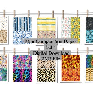 Op de afbeelding: Een verzameling mini-compositiepapierontwerpen, elk met unieke patronen en kleuren. De ontwerpen omvatten bloemen-, geometrische en dierenprintpatronen. De tekst "Mini Composition Paper Set 1 Digital Download PNG File" wordt weergegeven.