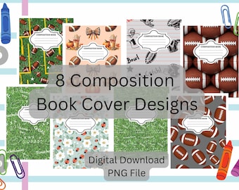 8 Football Themed Composition Book Covers, PNG File, Digital Download