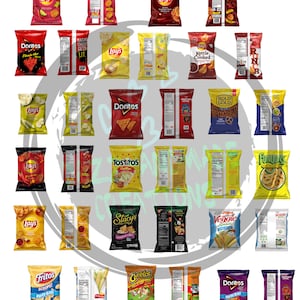 May include: A collection of various popular brands of potato chips, tortilla chips, and other snack foods. The bags are arranged in a grid pattern, with each bag featuring a different flavor and brand. Some of the brands include Lay's, Doritos, Tostitos, Cheetos, Fritos, and Funyuns.