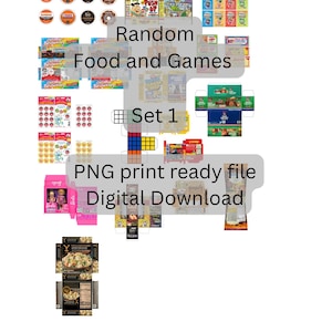 May include: A collection of miniature food items, board games, and a Barbie doll box. The image includes text that reads "Random Food and Games Set 1" and "PNG print ready file Digital Download."