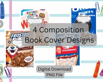 4 Breakfast Themed Composition Book Covers, PNG File, Digital Download