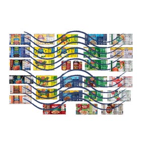 Puede incluir: Surtido de productos enlatados en varios colores y diseños, incluyendo rojo, amarillo, verde y azul. Las latas están dispuestas en filas y columnas, con algunas latas apiladas unas sobre otras. Todas las latas están etiquetadas con diferentes marcas y nombres de productos.