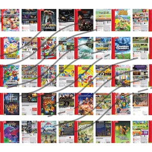 Peut inclure: Une collection de 20 cartouches de jeu Nintendo Switch, comprenant des titres tels que Super Mario Bros, Metroid, Kirby, Zelda et Pikmin. Les cartouches sont disposées en grille sur un fond blanc.