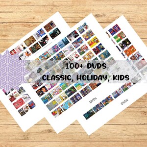 May include: Three white sheets of paper displaying numerous DVD covers, with the text "100+ DVDs CLASSIC, HOLIDAY, KIDS." The DVDs are arranged in rows and columns, showcasing a variety of movie titles. The background is a wooden surface.