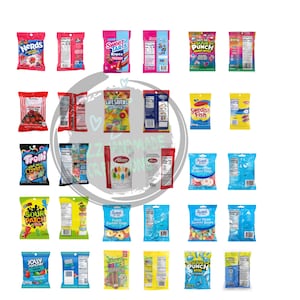 Puede incluir: Surtido de bolsas de caramelos envueltos individualmente, que incluyen Nerds, Sweet Tarts Ropes, Life Savers Gummies, Swedish Fish, Trolli Sour Brite Crawlers, Sour Patch Kids, Jolly Rancher y Sour Punch Bites.
