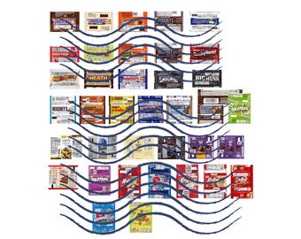 May include: A collection of colorful candy bar wrappers with various brand names, including Snickers, Milky Way, Twix, and Skittles. The wrappers are arranged in a grid pattern and are set against a white background.
