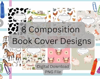 8 Farm Themed Composition Book Covers, PNG File, Digital Download, Composition Covers