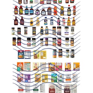 Puede incluir: Una colección de más de 30 botellas y frascos de condimentos, aderezos, especias y salsas. Las botellas y los frascos están dispuestos en filas y columnas sobre un fondo blanco. Las etiquetas de las botellas y los frascos son visibles e incluyen varios nombres de marcas y descripciones de productos.