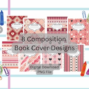 May include: Eight rectangular composition book covers featuring various pink, red, and white patterns including hearts, feathers, and geometric shapes. Each cover includes a central white label with the text Composition Book. Digital download PNG file.