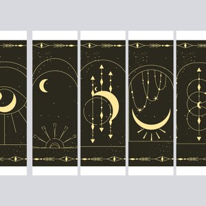 May include: Five black and gold minimalist illustrations of celestial bodies, including a crescent moon, a sun, a star, and geometric shapes. The illustrations are set against a dark background with a subtle starry pattern.