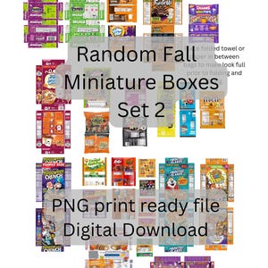 May include: A collection of miniature boxes with various designs, including cereal boxes and candy packaging. The image features text that reads "Random Fall Miniature Boxes Set 2" and "PNG print ready file Digital Download."