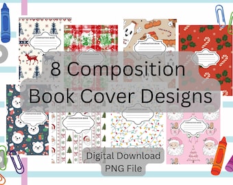8 Christmas Themed Composition Book Covers Set1, PNG File, Digital Download, Composition Covers
