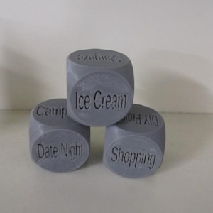 3d Printed Gray Family Date Night Dice, 3 pack, New; Roll Your Activity Options