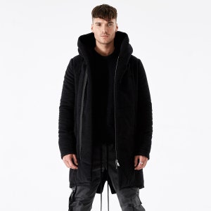 Mens Long Coat in Black Cotton with hood Reed image 1