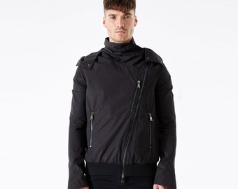 Wolf - Black Bomber Jacket with Hood | Showerproof Dry Wax Cotton