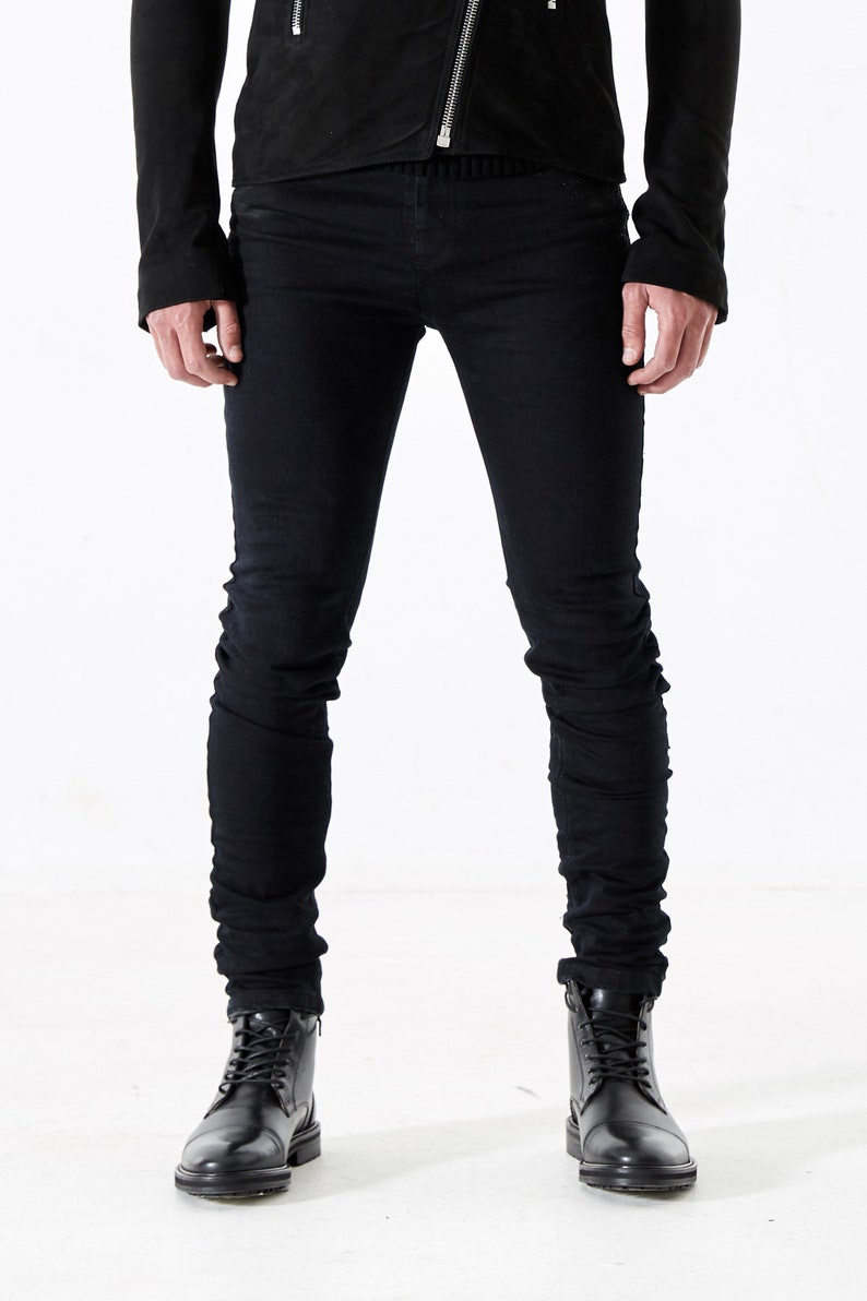 Men's Skinny Jeans in Black Stretch Denim Nicks image 2