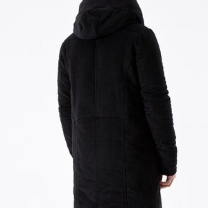 Mens Long Coat in Black Cotton with hood Reed image 3